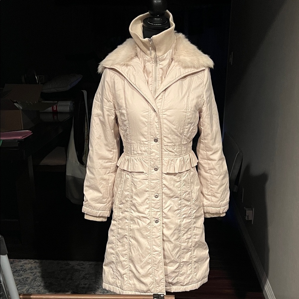 SEISEDA Cream Long Down Puffer Coat Real Rabbit Fur Trim Size XS